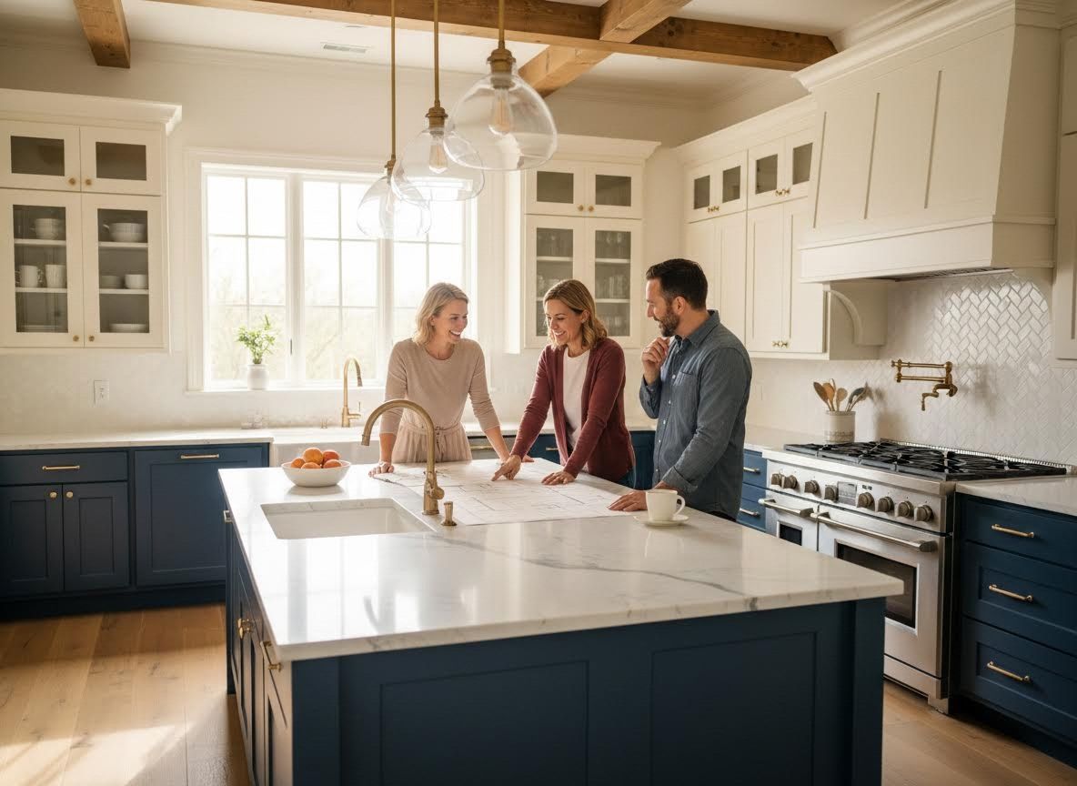 People discussing kitchen renovation plans in a modern home