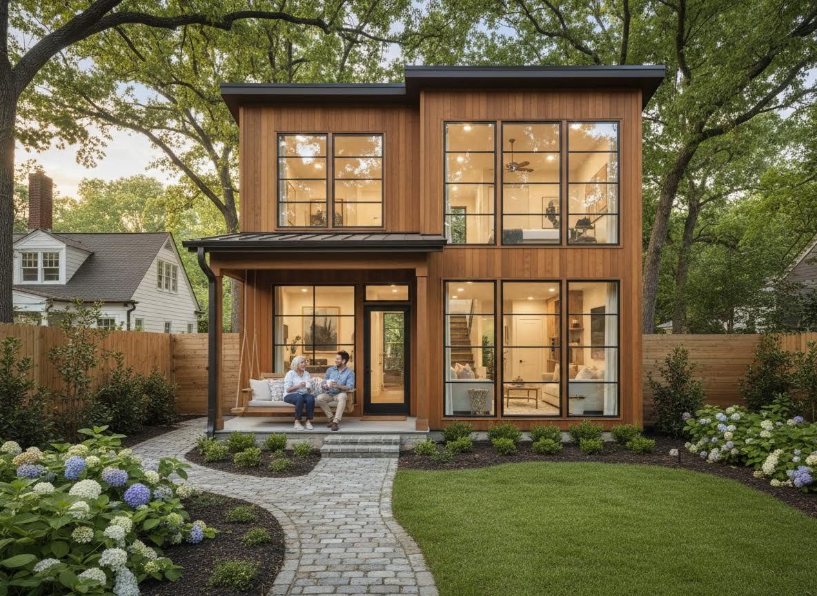 Modern wood-sided house with couple on porch swing and lush garden