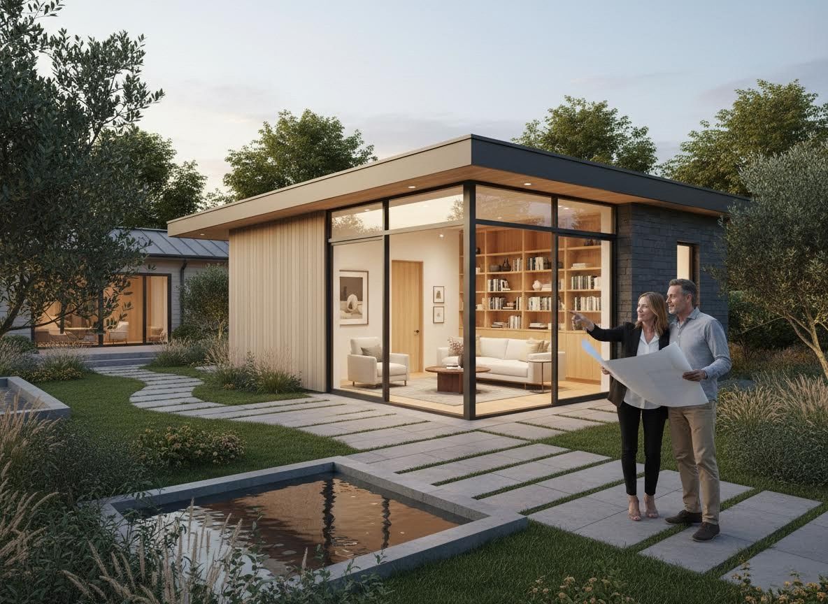 Couple reviewing blueprints for a modern house