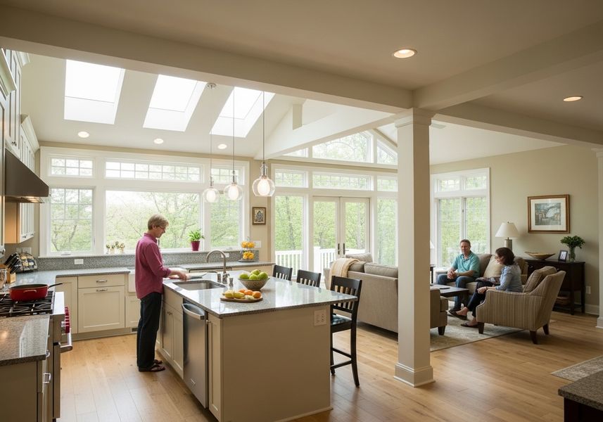 Open-concept Kitchen and Living Room with Skylights