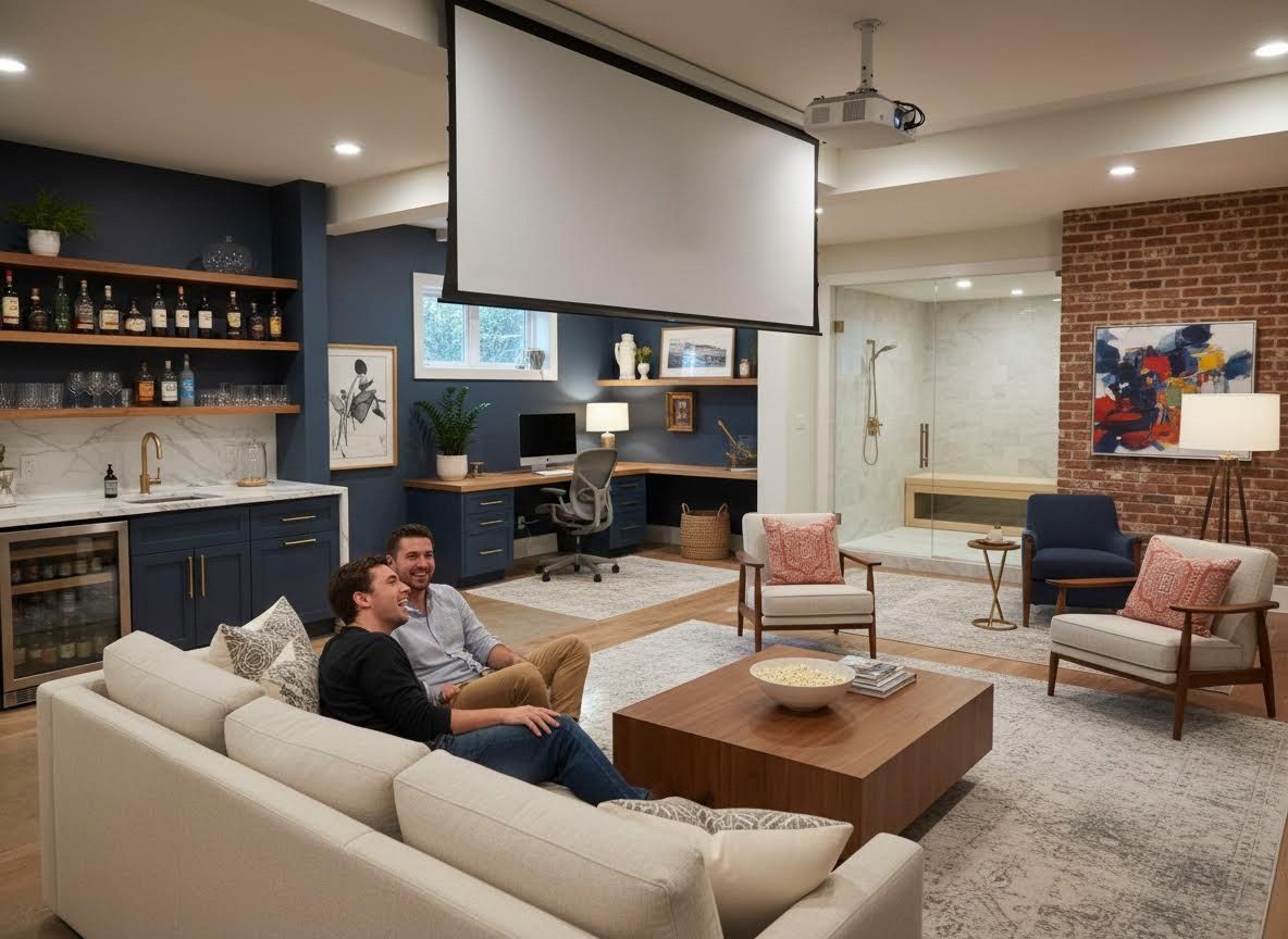 Two men relaxing in a modern basement home theater with a wet bar and home office
