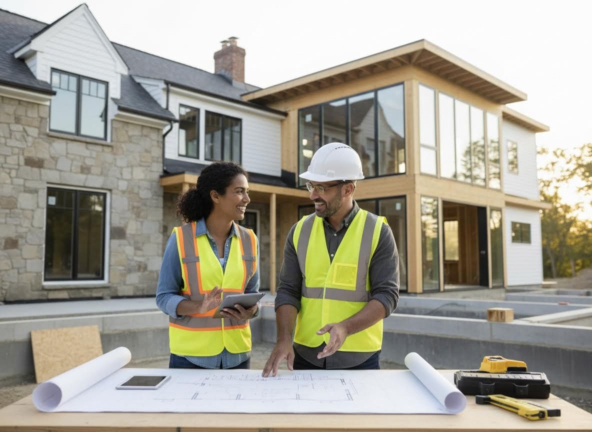 Construction Professionals Reviewing Blueprints at Building Site