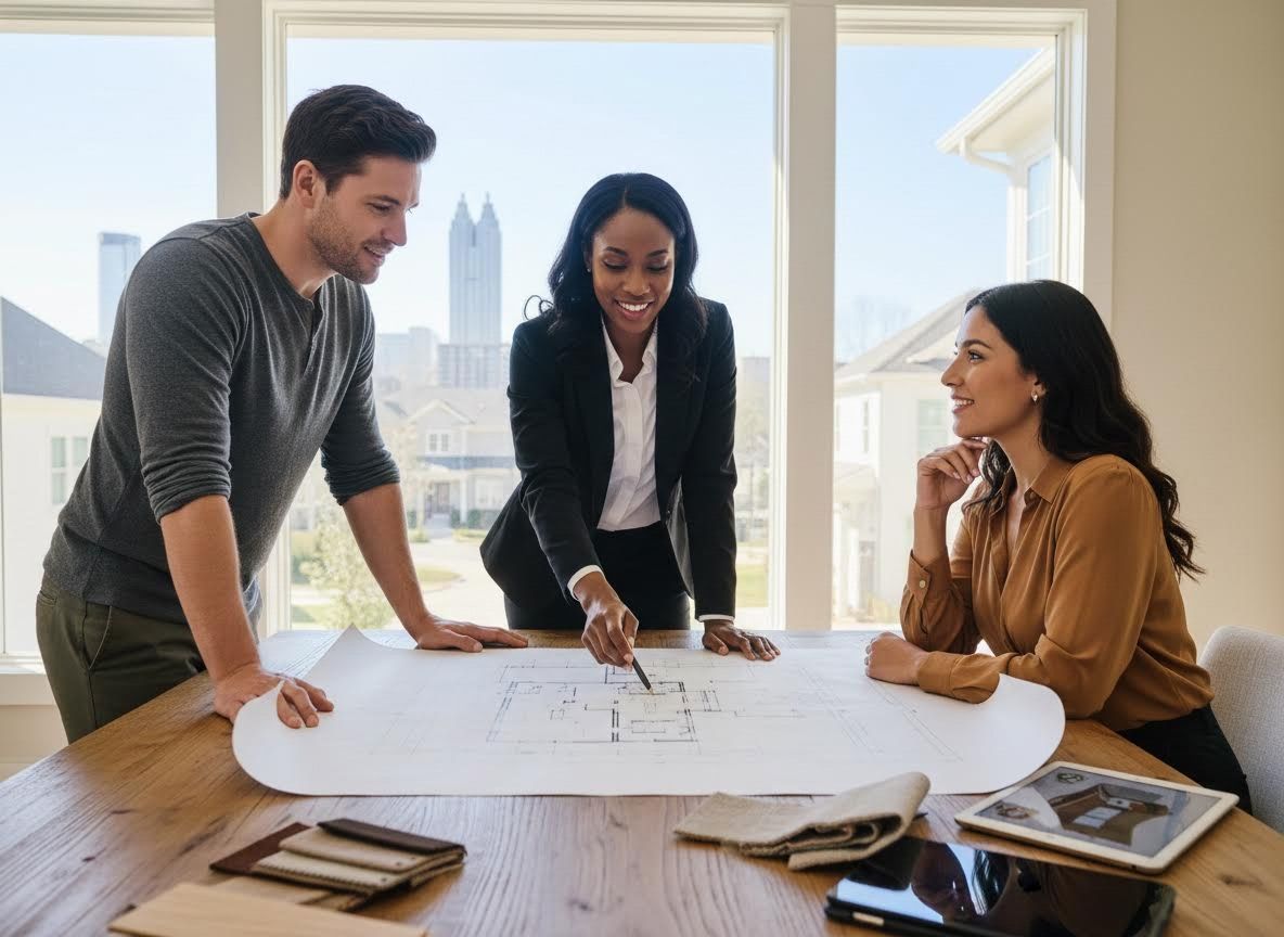 Team reviews architectural blueprints for new home construction