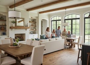 Multi-generational family in bright, open-concept living and dining room