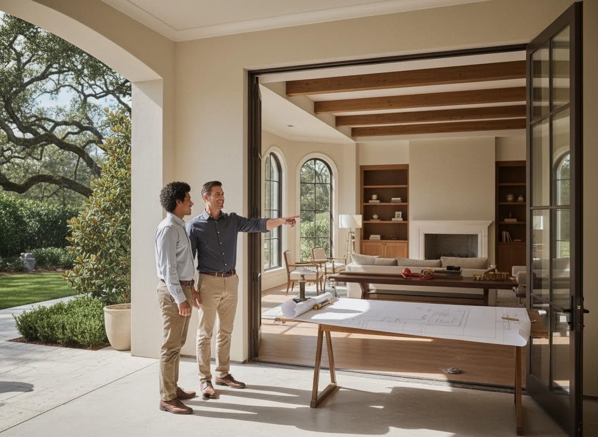Two men discuss home renovation plans on a patio