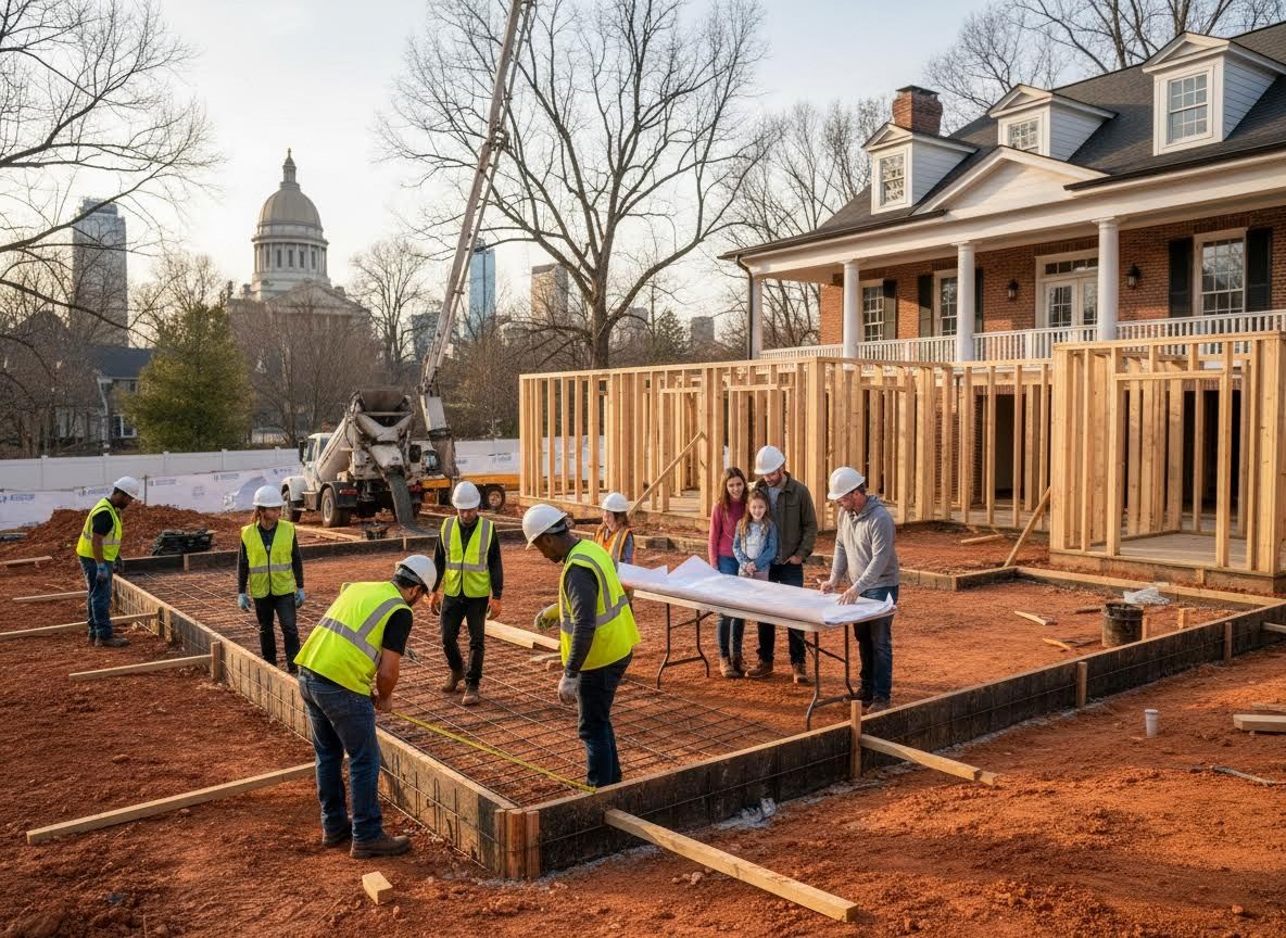 Family and workers on a residential construction site