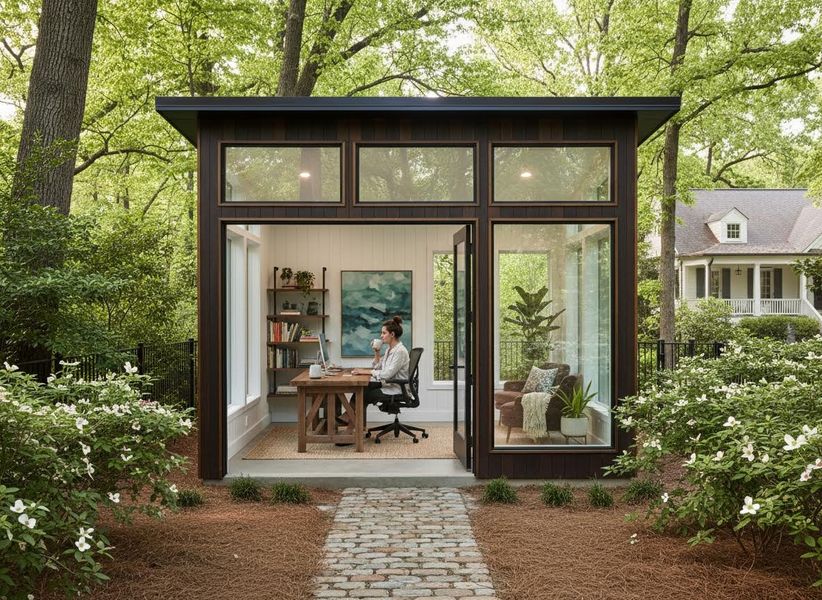 Modern Outdoor Office Shed with Woman Working