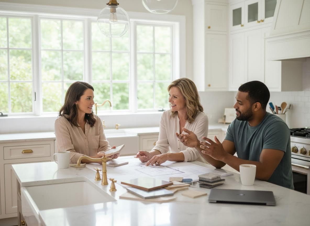 People collaborating on home design in a modern kitchen