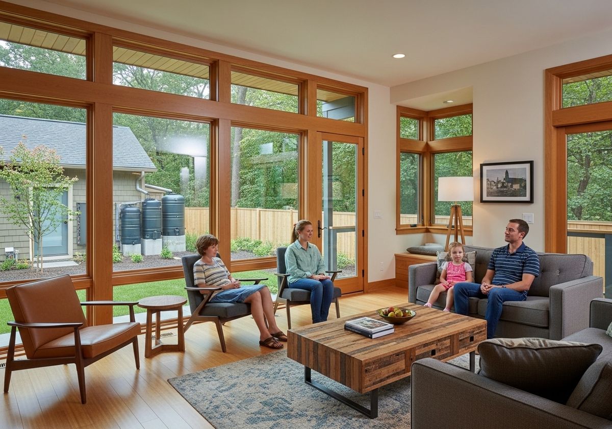 Family relaxing in modern living room with large windows