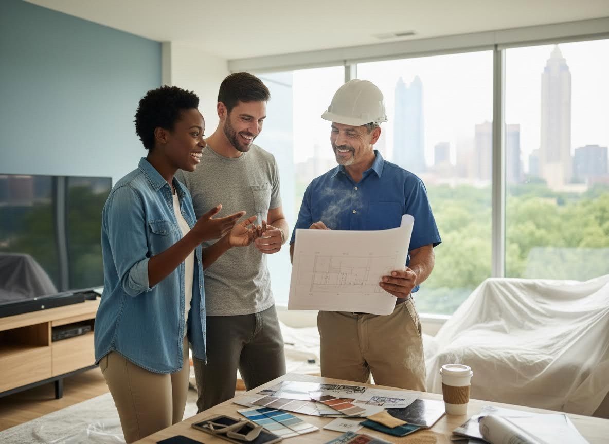 Couple and Contractor Reviewing Home Renovation Plans