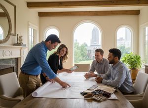 Team of architects and designers collaborating on blueprints