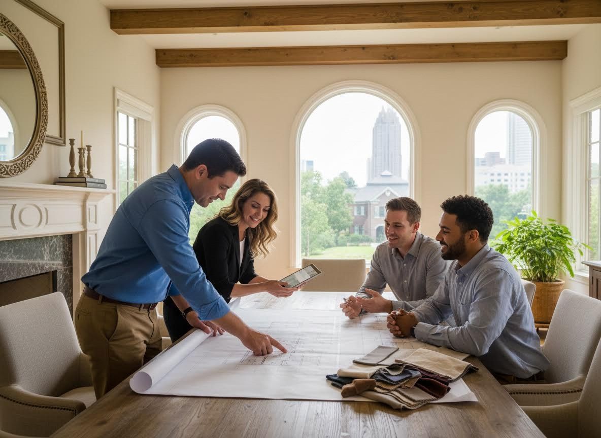 Team of architects and designers collaborating on blueprints