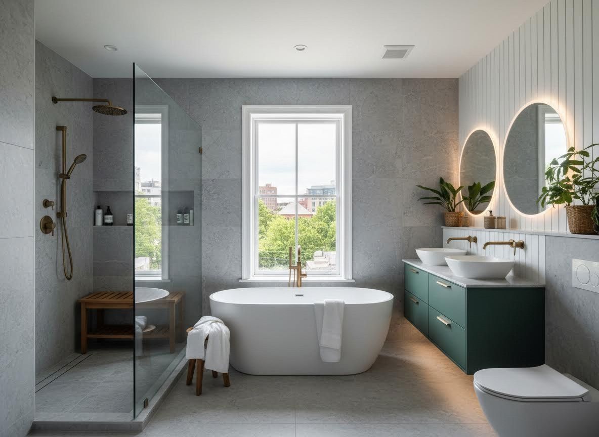 Modern bathroom with freestanding bathtub, walk-in shower, and double vanity