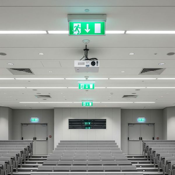 An empty university lecture hall with visible exit signs and fire safety equipment. An empty university lecture hall with visible exit signs and fire safety equipment.