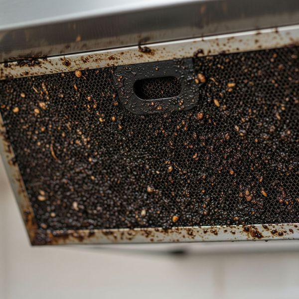 A close-up view of a metal hood filter completely clogged with thick, dark grease. A close-up view of a metal hood filter completely clogged with thick, dark grease.
