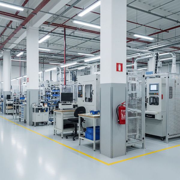 A manufacturing facility with a fire extinguisher correctly placed for immediate access. A manufacturing facility with a fire extinguisher correctly placed for immediate access.