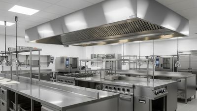 A pristine commercial kitchen with a shining stainless steel hood, ready for service.