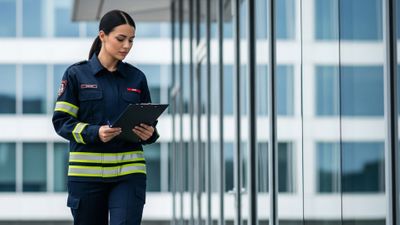 A fire inspector approaches a modern commercial building, ready to perform an inspection.