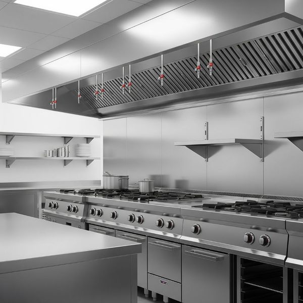 A clean commercial kitchen with an overhead fire suppression system ready for inspection. A clean commercial kitchen with an overhead fire suppression system ready for inspection.