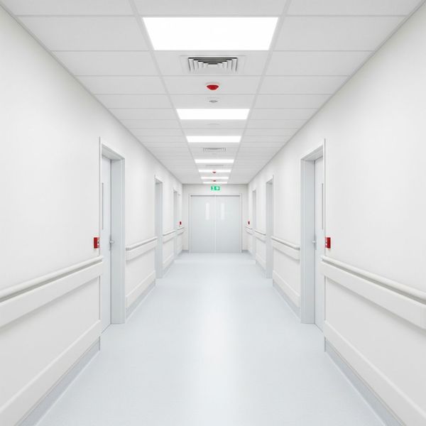 A hospital corridor with clearly marked fire alarms and ceiling sprinklers ensuring patient safety. A hospital corridor with clearly marked fire alarms and ceiling sprinklers ensuring patient safety.