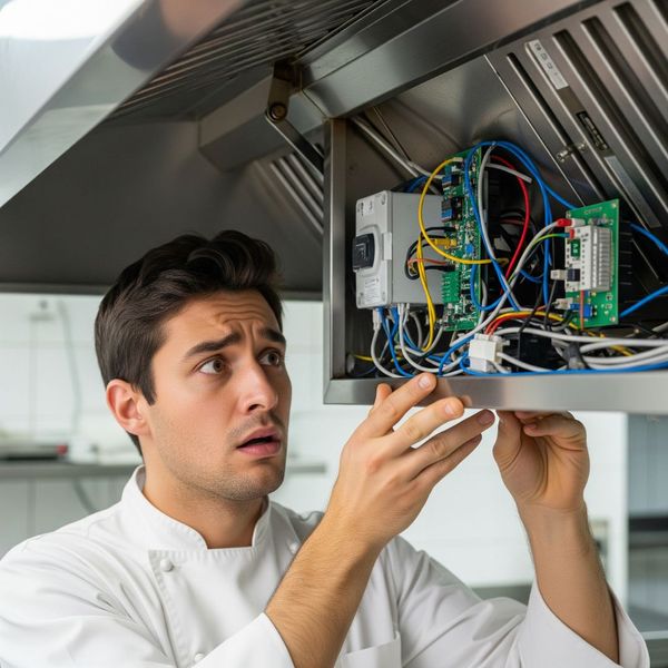 A kitchen worker looking with concern at the exposed electrical wiring inside a commercial kitchen hood. A kitchen worker looking with concern at the exposed electrical wiring inside a commercial kitchen hood.