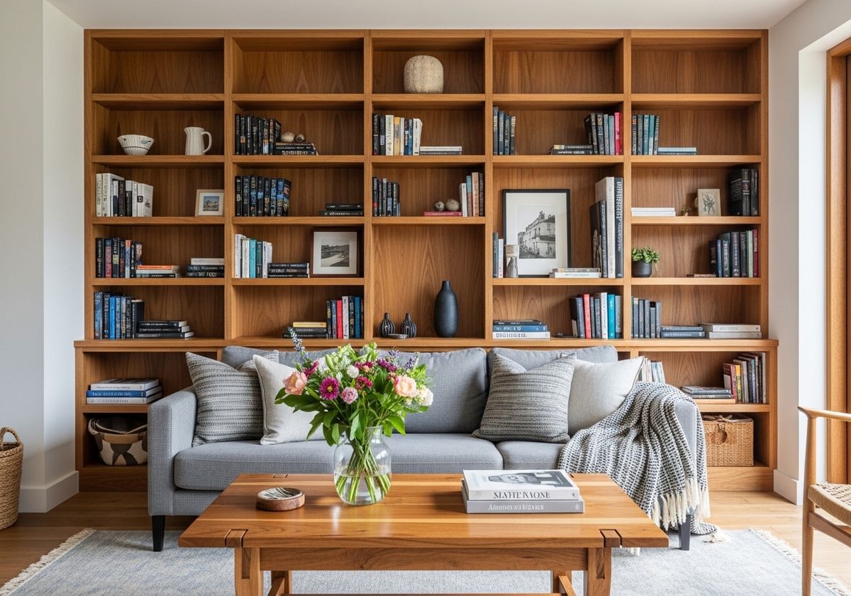 Living Room with Custom Wooden Bookshelf