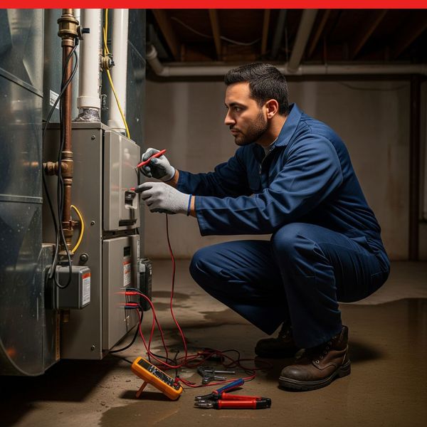 A professional HVAC technician quickly diagnoses a broken furnace in a dimly lit basement during an emergency, conveying a sense of urgency