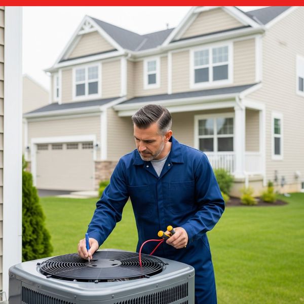 A professional HVAC technician performs maintenance on an outdoor air conditioning unit in front of a modern suburban home in Burtonsville, MD