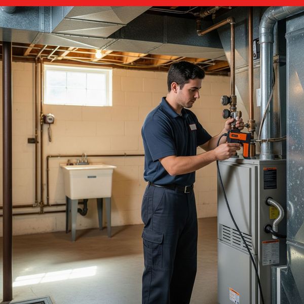 A professional HVAC technician inspects a furnace in the basement of a suburban home in Olney, MD
