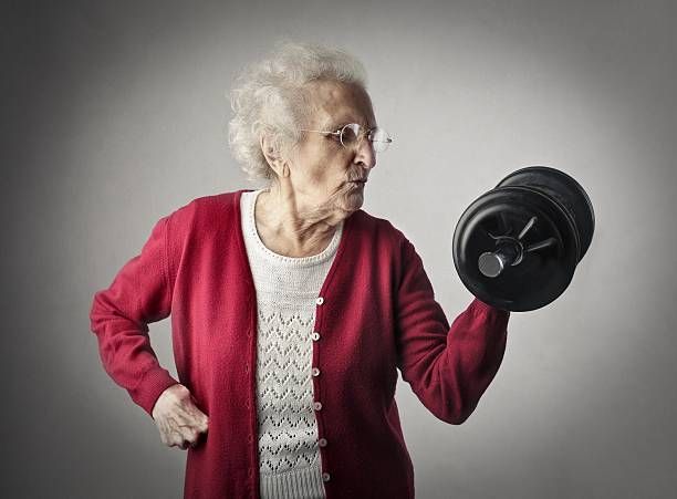 Granny is arm curling at Prana