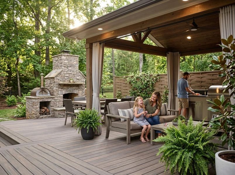Family Enjoying a Luxurious Outdoor Living Space with Deck, Fireplace, and Grill
