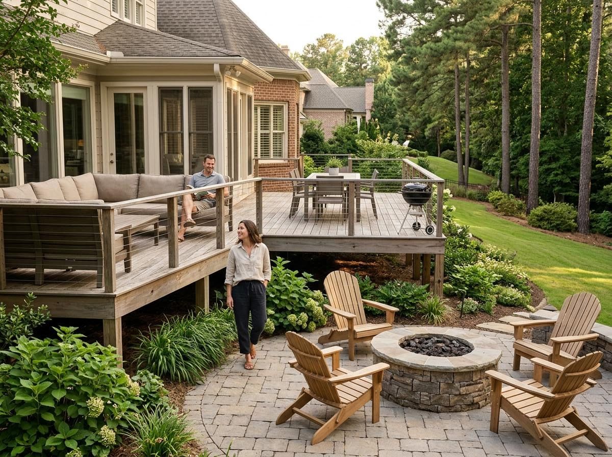Backyard Multi-level Deck and Patio with Fire Pit