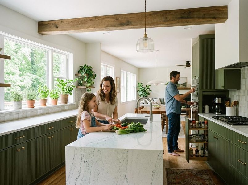 Family cooking together in a modern green kitchen