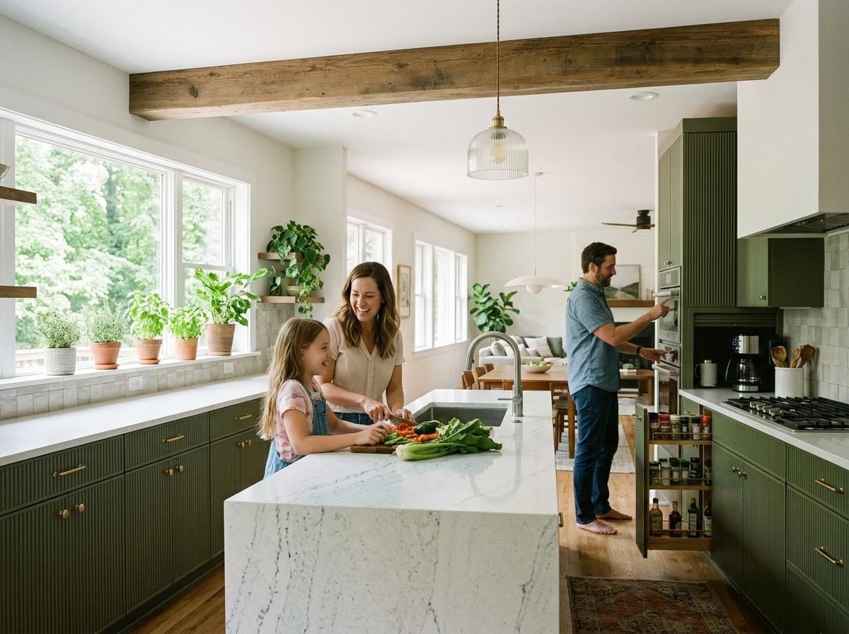 Family cooking together in a modern green kitchen