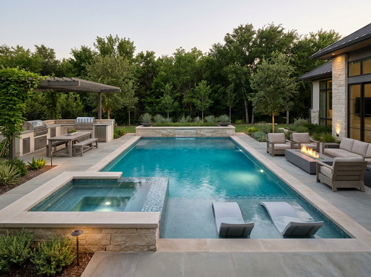 A luxurious backyard features a blue swimming pool, attached spa, outdoor kitchen under a pergola, and a patio with fire pit seating. Lush trees line the property. Modern Backyard Oasis with Pool, Spa, and Outdoor Kitchen