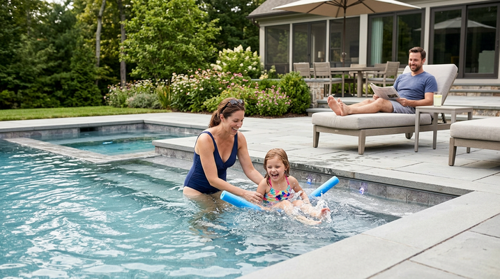 A happy mother and daughter play in a swimming pool with a noodle, while the father relaxes on a lounge chair nearby, reading. Family enjoying a swimming pool in their backyard