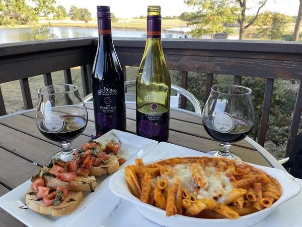 food and wine on a table