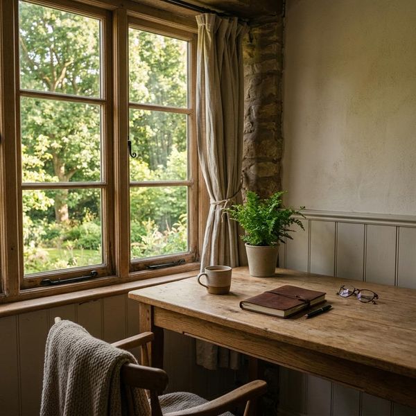 Warm, peaceful photograph of a rustic wooden desk near a sunlit window overlooking green trees, simple and calm atmosphere, minimal clutter.