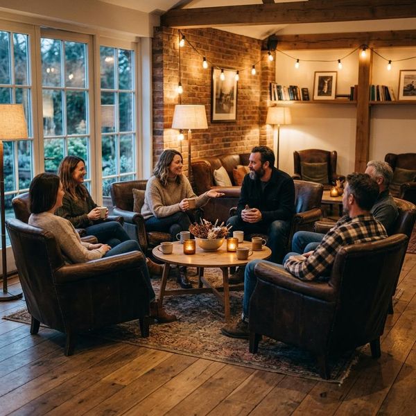 Warm, inviting photograph of a cozy gathering space with comfortable leather chairs arranged in a circle, soft warm lighting, welcoming atmosphere.