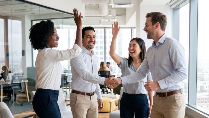 Diverse business professionals collaborating around a workshop table in a bright, modern office.
