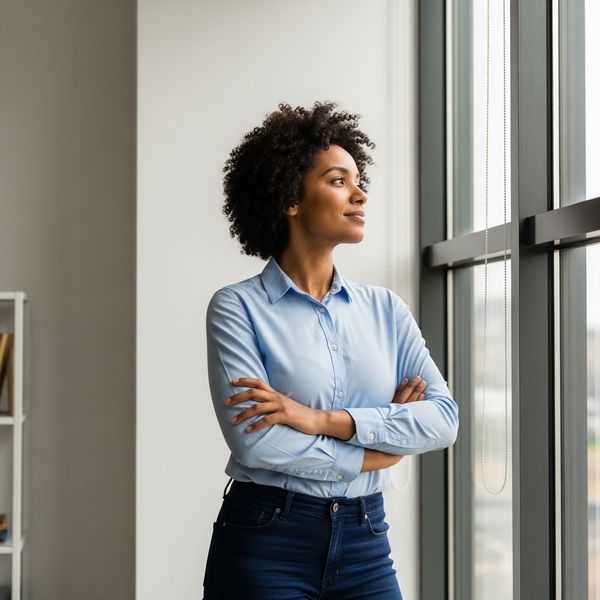 Professional looking peacefully out a large office window.