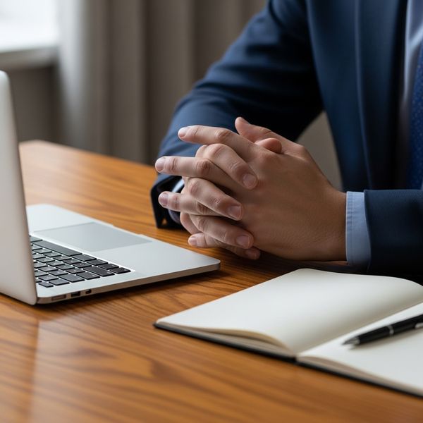 Close-up of relaxed hands on a minimalist office desk.