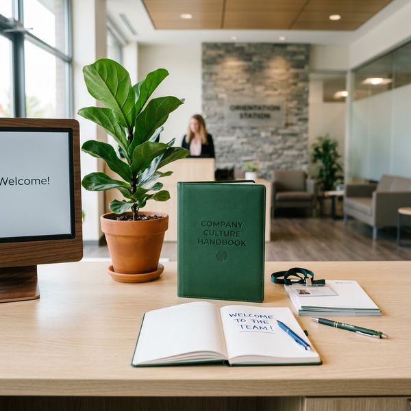 Onboarding desk display featuring an embossed company culture handbook, personalized stationery, and potted plant.