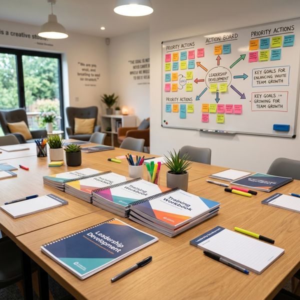 Leadership training workshop table set with bound workbooks, reference guides, and a completed action framework.