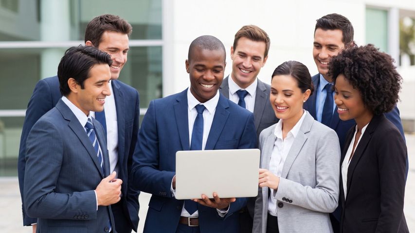 A diverse team of smiling business professionals collaborating together around a laptop outdoors. A diverse team of smiling business professionals collaborating together around a laptop outdoors.