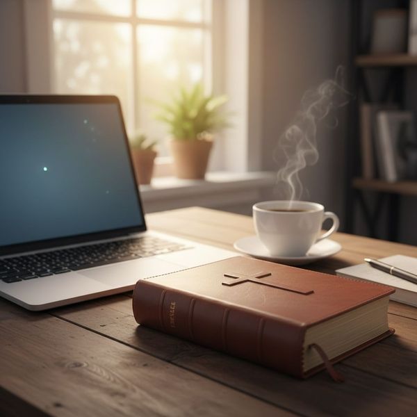 Leather Bible on a desk next to a laptop and coffee cup.