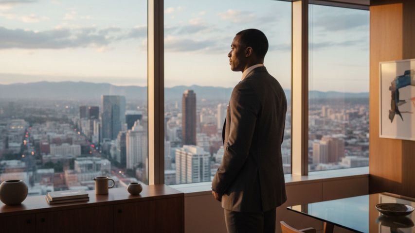 professional man in a suit stands looking thoughtfully out of a large window in a modern high-rise office