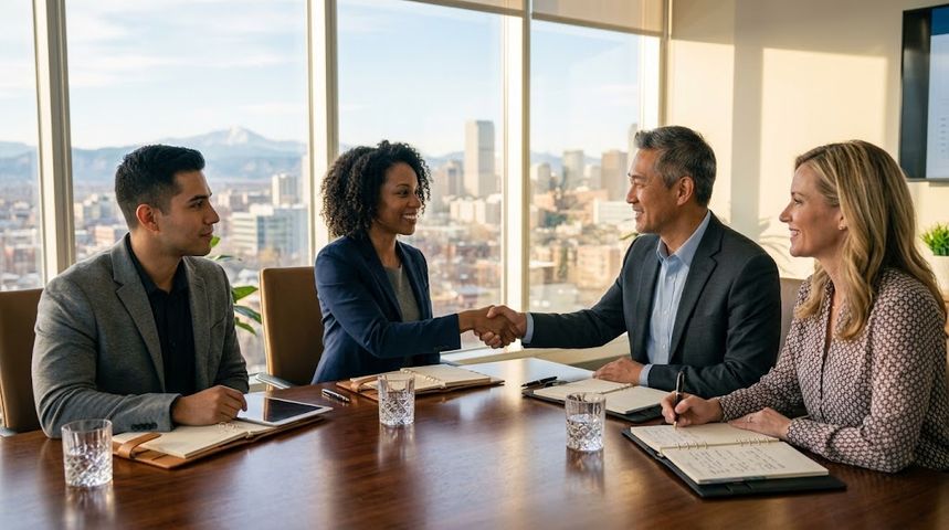 Executive colleagues shaking hands warmly across a conference table after resolving leadership tension in a modern office.