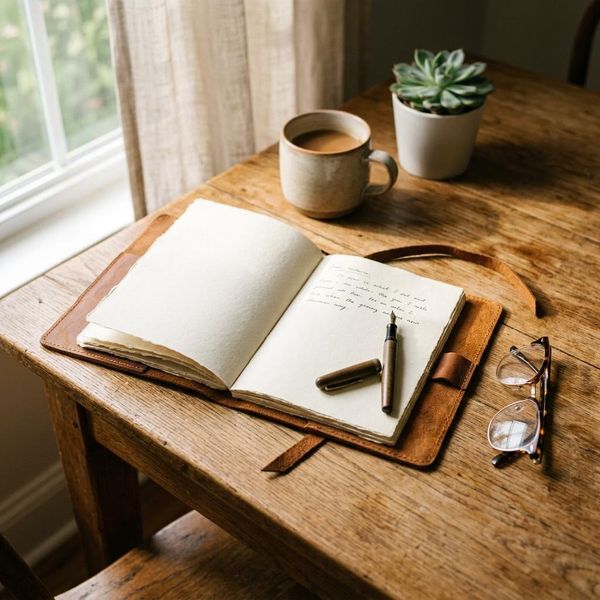 Warm photo of open leather journal and a pair of reading glasses on a warm wooden table, soft morning light, relaxed and peaceful