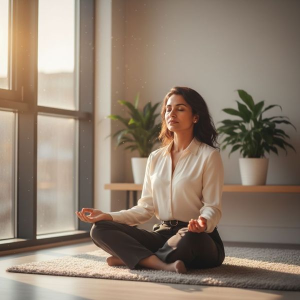woman in professional attire sits with her eyes closed in a moment of quiet reflection woman in professional attire sits with her eyes closed in a moment of quiet reflection
